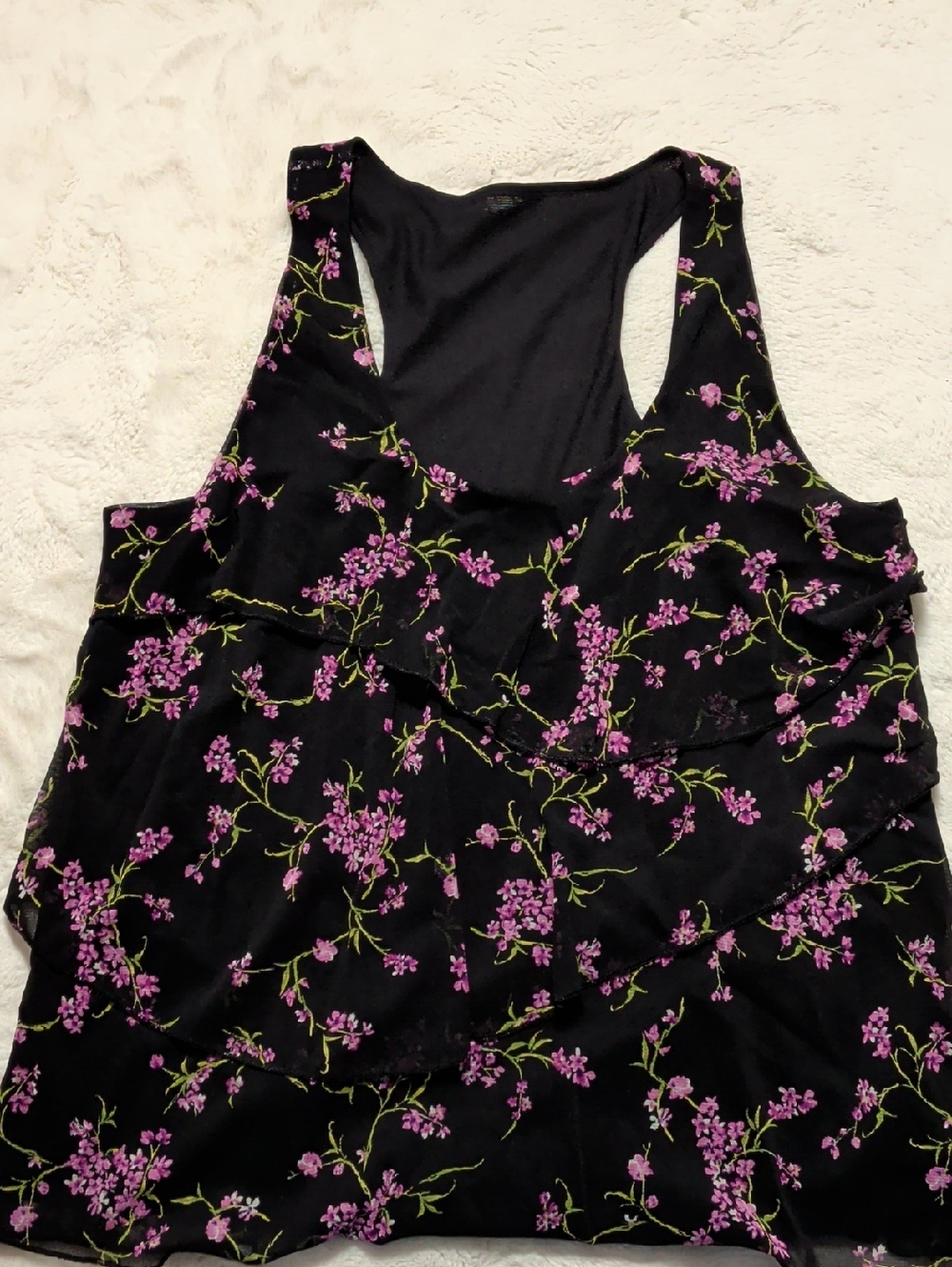 Floral Ruffle‎ Racerback Tank Top - Black with Purple Blossoms